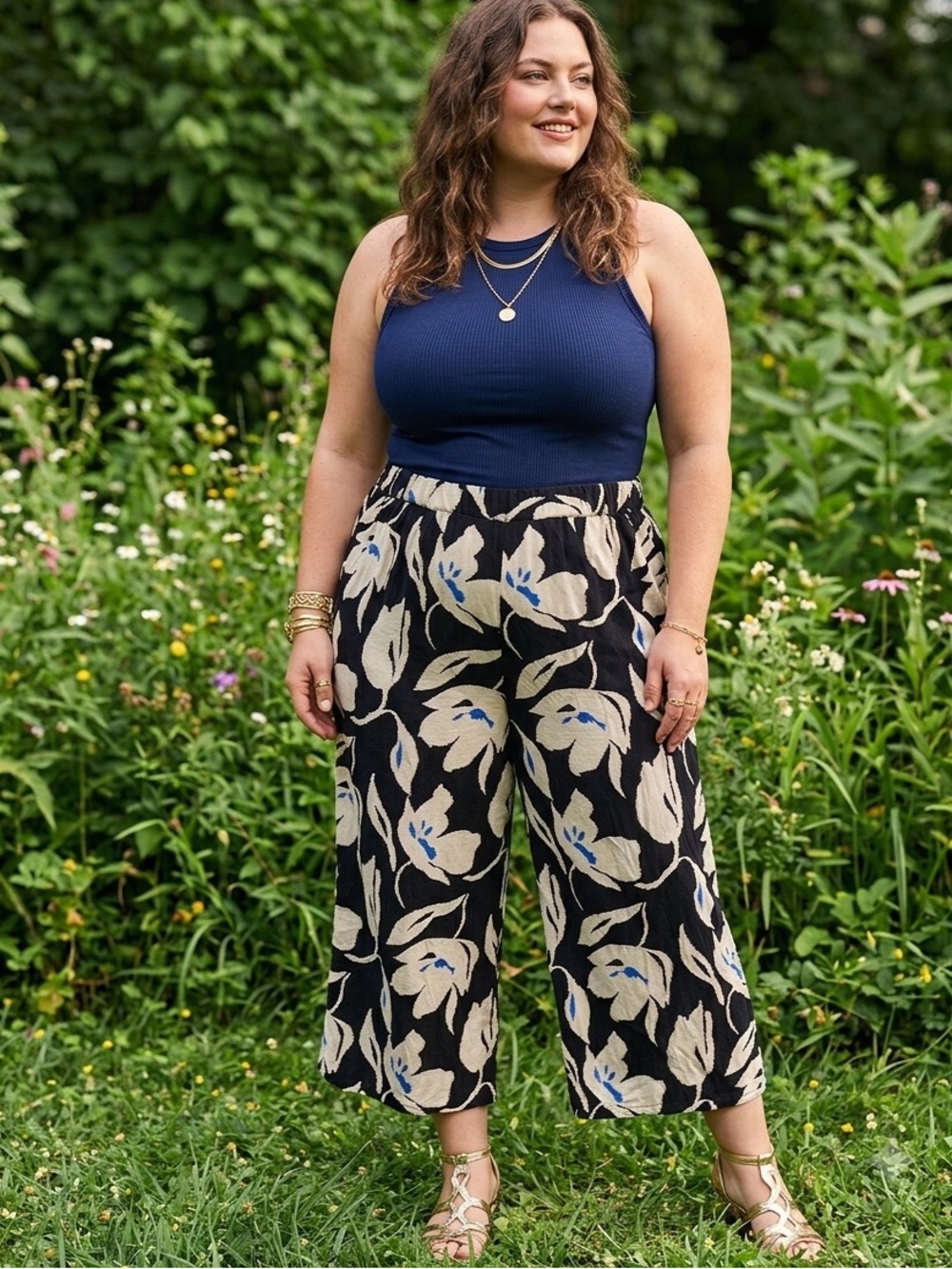 Navy & Tan Large Floral Print Wide-Leg Cropped/Capri Rayon Pants LARGE